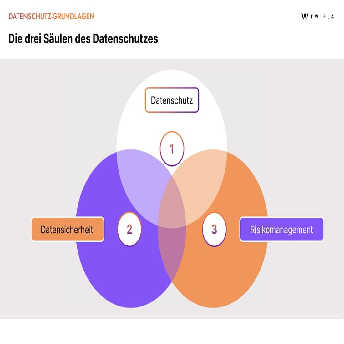 Verstehen der Überschneidungen zwischen Datenschutz, Sicherheit und Risikomanagement Ein Venn-Diagramm mit den drei Säulen des Datenschutzes