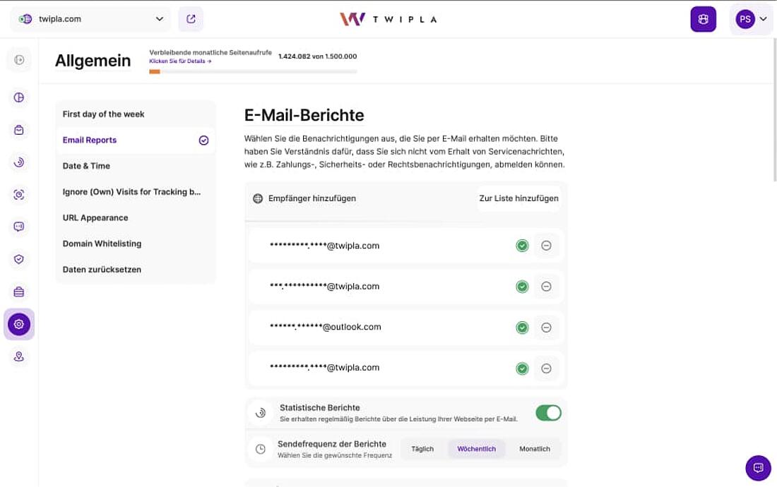 Screenshot der Einstellungsansicht für E-Mail-Berichte von TWIPLA