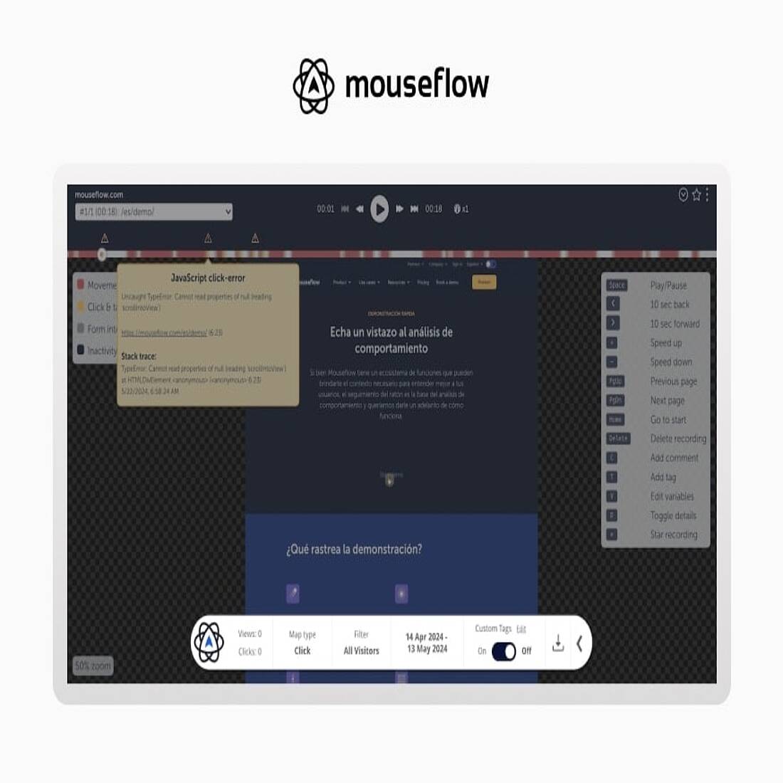 So sieht die Schnittstelle für Sitzungswiederholungen von Mouseflow aus