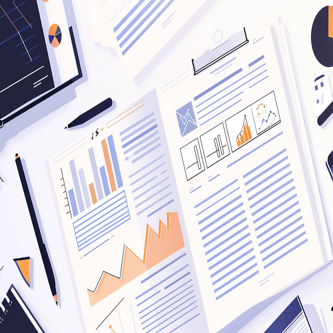 TWIPLA Platform News - February 2026 Illustrated workspace with reports, charts, and analytics documents representing data insights and performance analysis