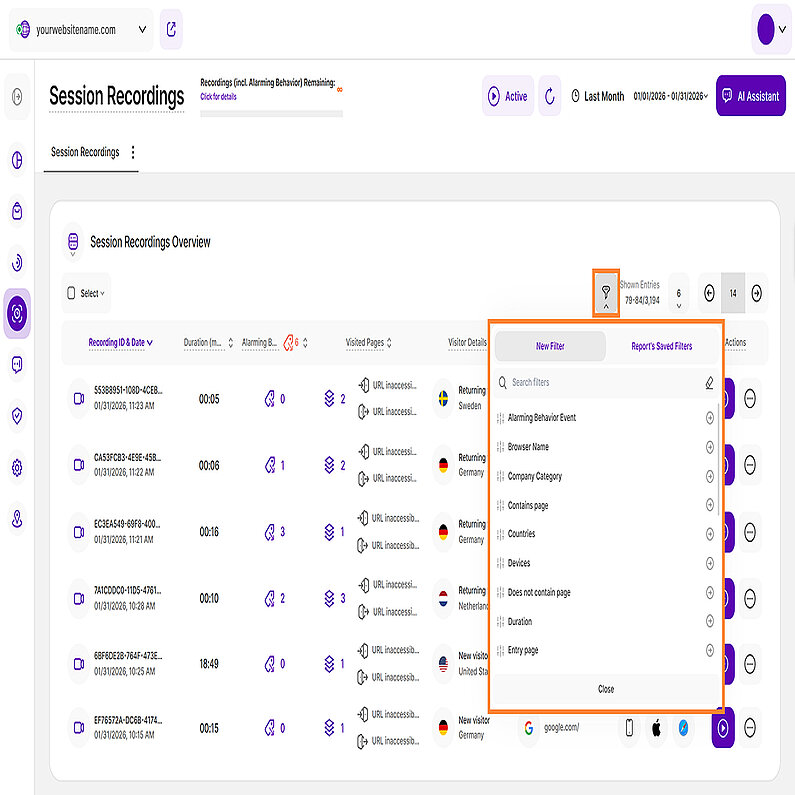 Filter für Session Recordings Übersicht Filter für Session Recordings Übersicht
