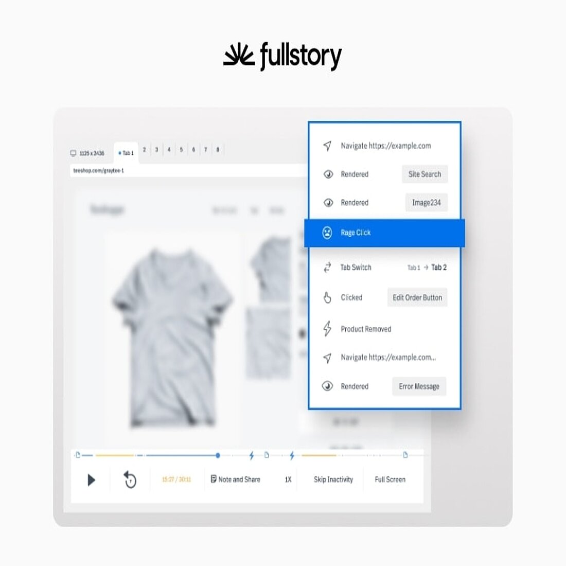 FullStory's session replay interface includes additional alarm event information What FullStory's session replays interface looks like