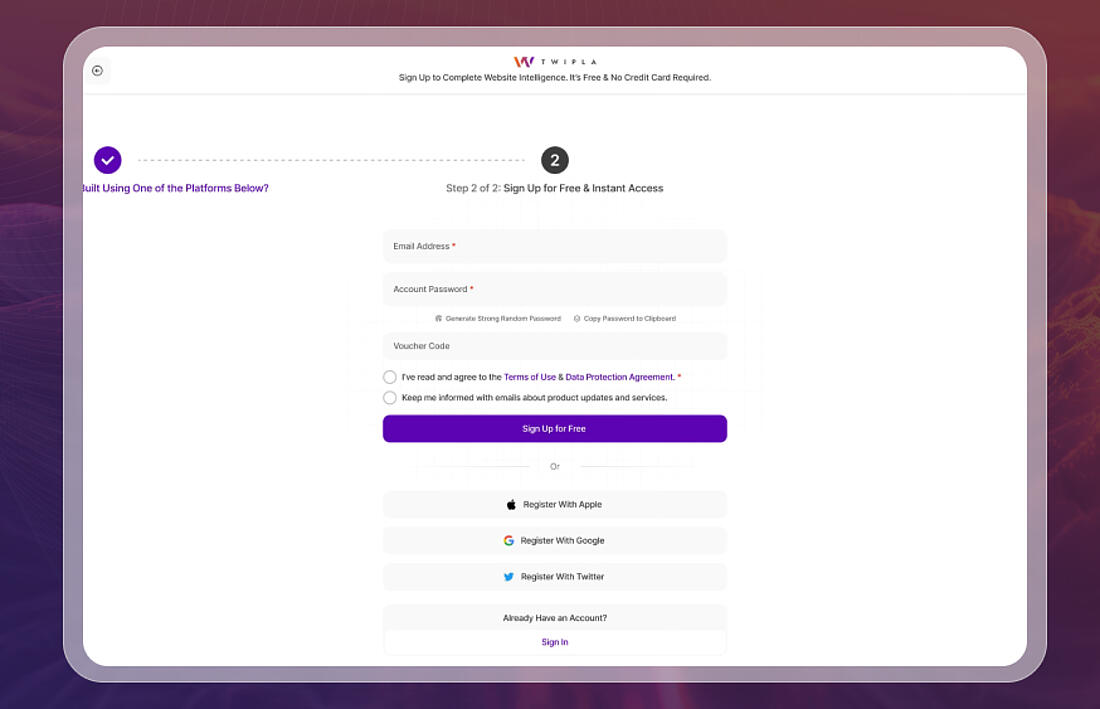 A screenshot of TWIPLA's onboarding process