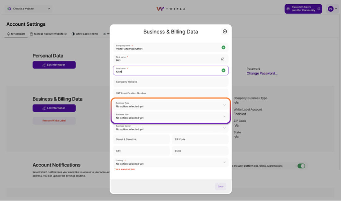 TWIPLA's billing details interface