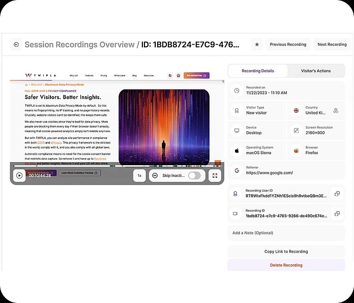 Session recordings - integrated replay analytics - TWIPLA Website Intelligence