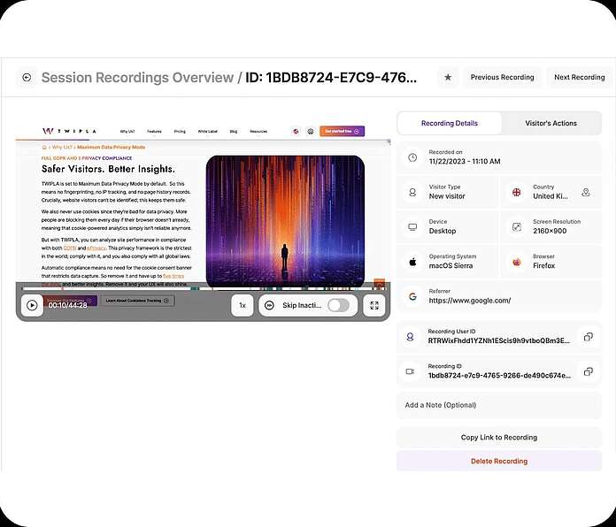 Session recordings - integrated replay analytics - TWIPLA Website Intelligence