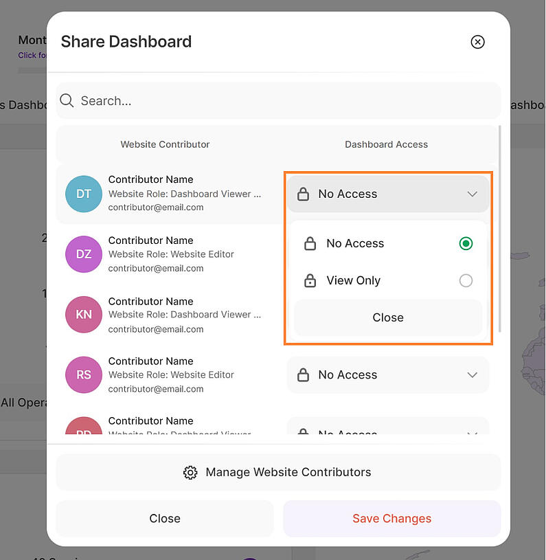 Optionen zum Teilen des Dashboards