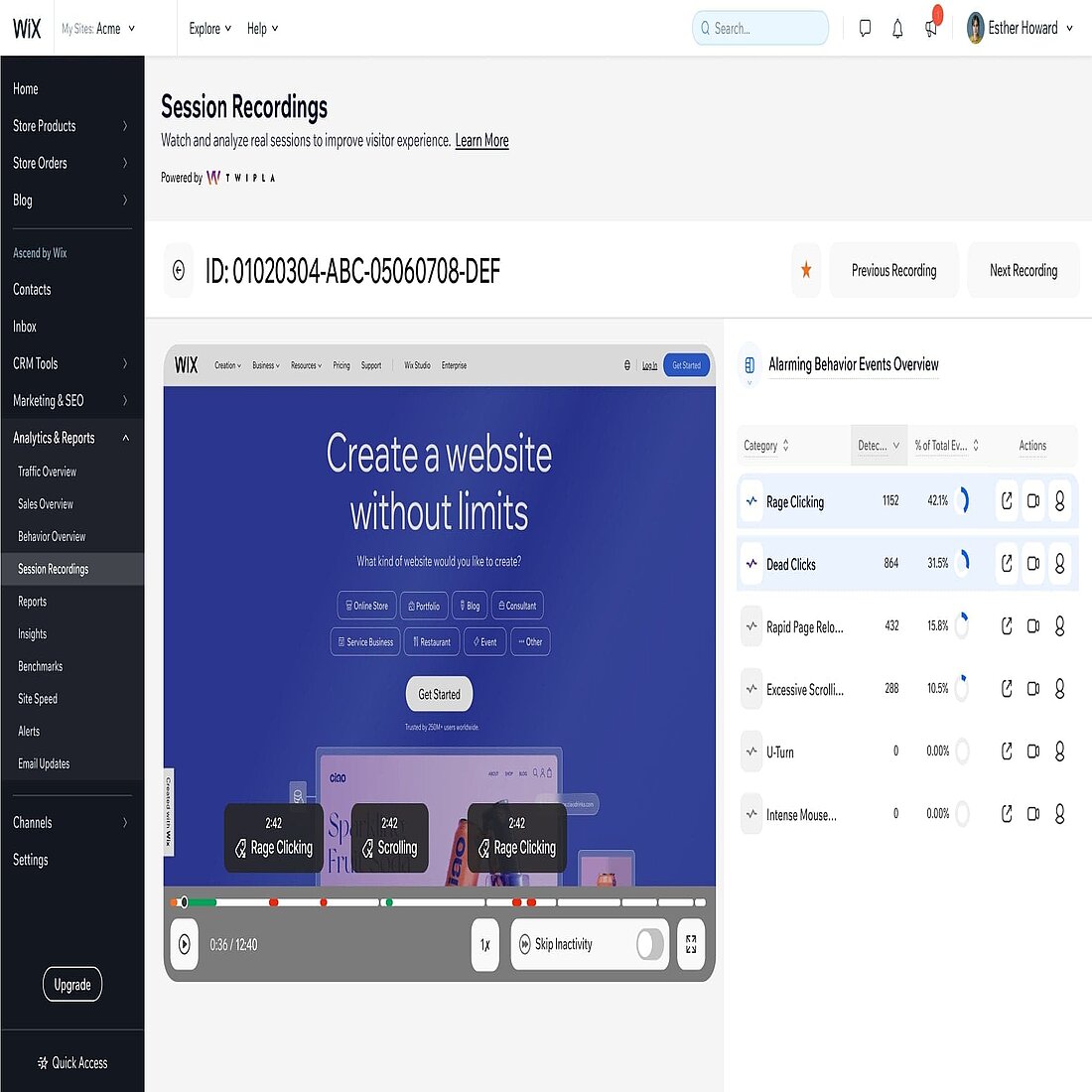 Multiple entry points maximize the utility of Wix Analytics' native session recordings toolkit Screenshot Wix Analytics session recordings of alarming behavior events
