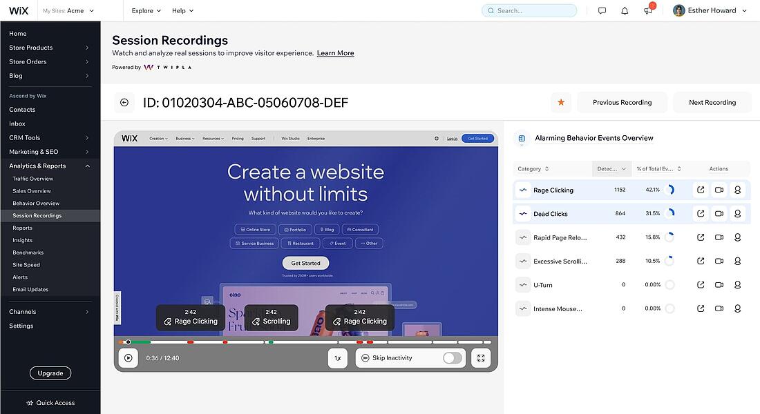 Screenshot Wix Analytics session recordings of alarming behavior events
