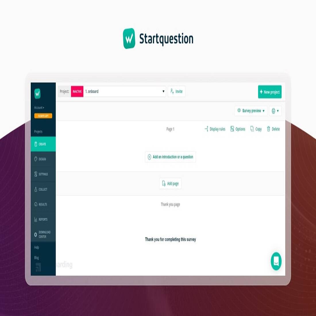 Startquestion survey creation interface