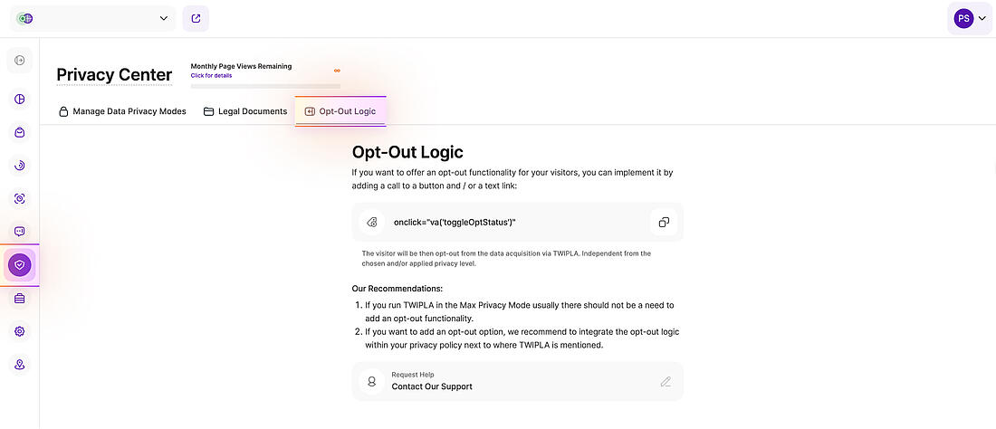 Screenshot privacy center opt-out logic