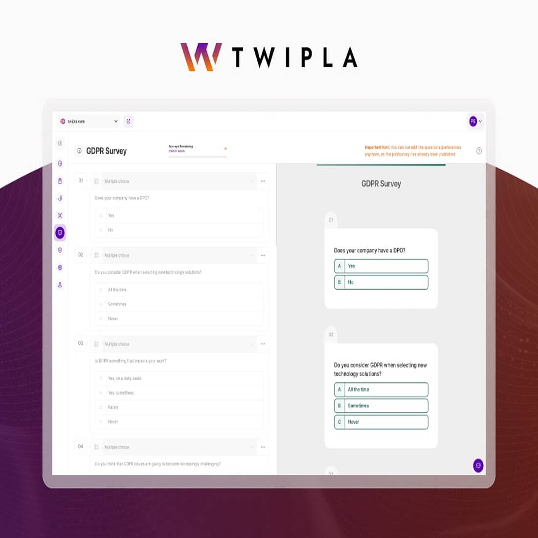 TWIPLA survey creation interface