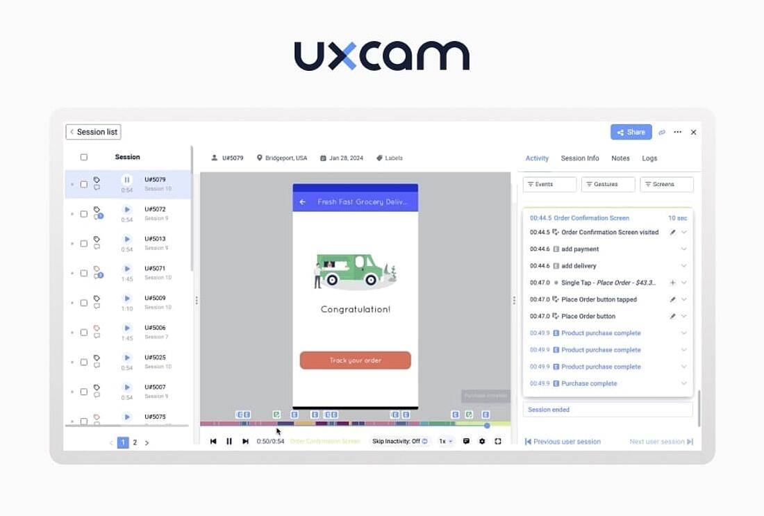 What UXCam's session replays interface looks like