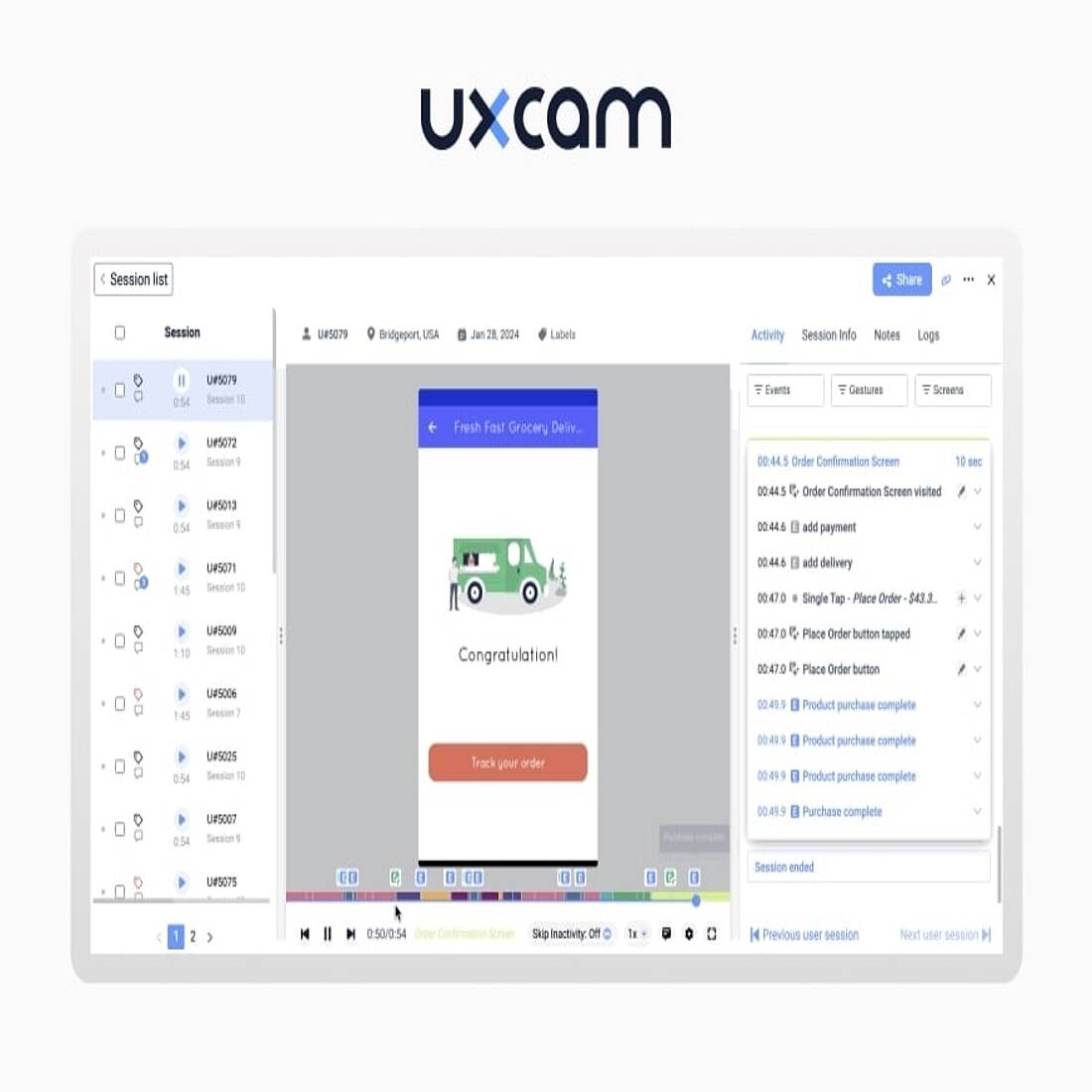 So sieht die Oberfläche der Sitzungswiederholungen von UXCam aus