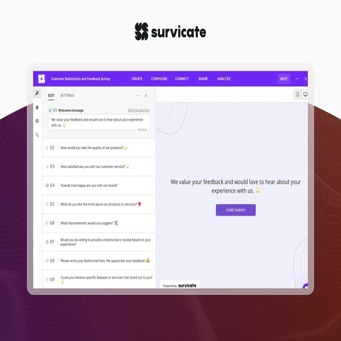 Survicate streamlines feedback collection with powerful integrations and actionable insights across multiple channels Survicate survey creation interface