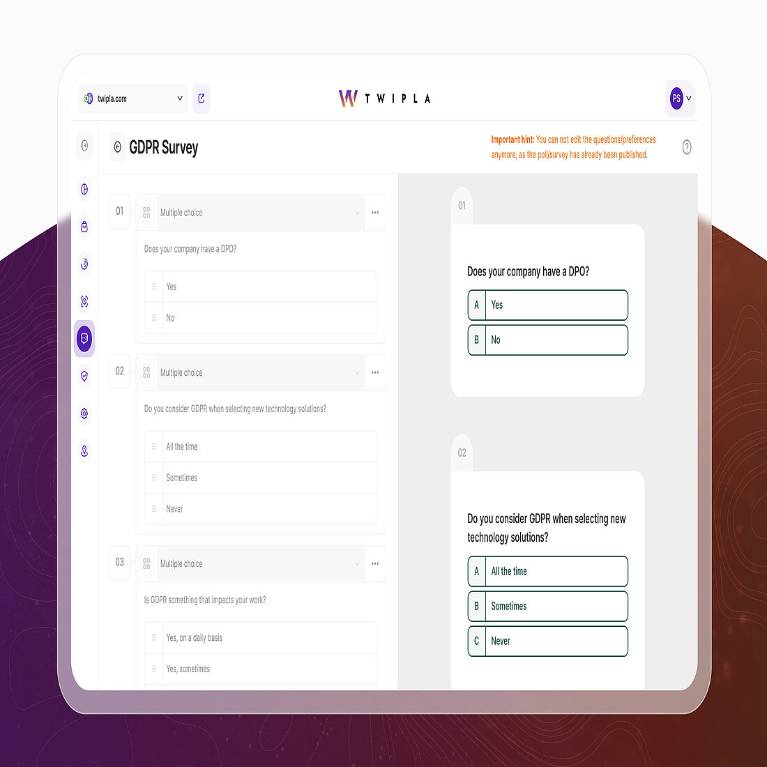 TWIPLA Survey Creation Interface Screenshot of TWIPLA’s survey creation tool showing question editing and live preview