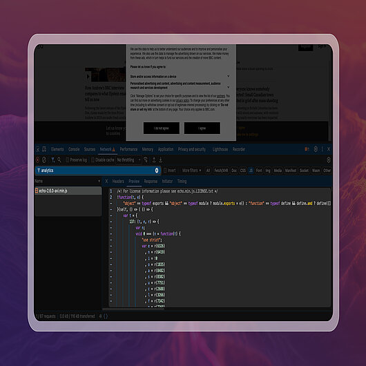 Inspecting Pre-Consent Network Activity in Browser DevTools Browser developer tools showing analytics related network requests and JavaScript code while a consent banner is still displayed, used to examine whether any data processing occurs before consent is given