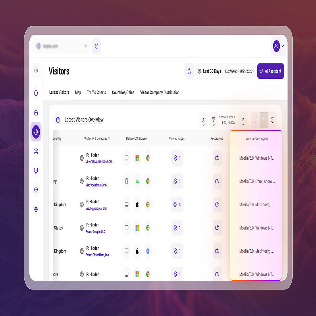 Browser User Agent Insights Added to Visitors Visitors report showing the new Browser User Agent column with browser, version, and operating system details