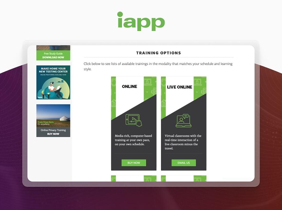 Screenshot IAPP training course options