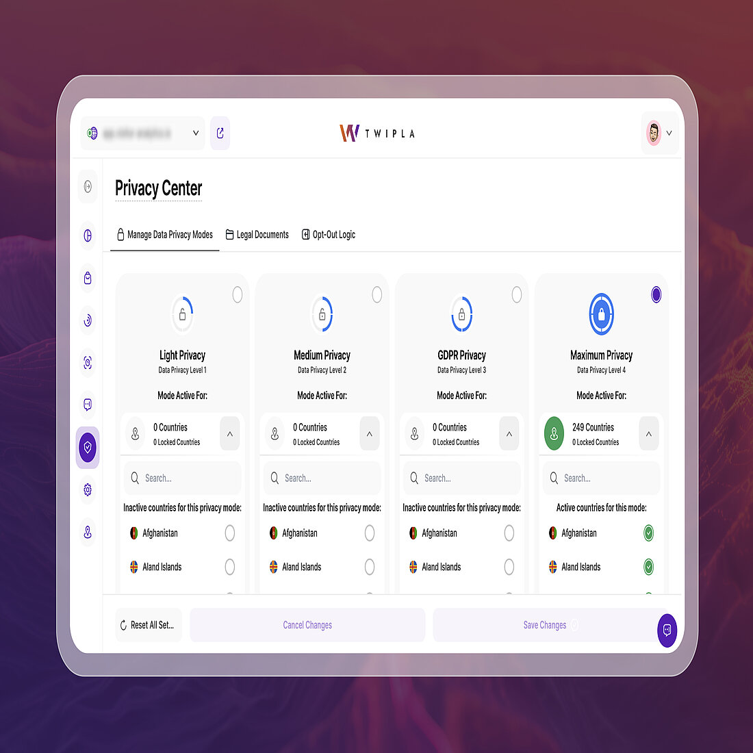 TWIPLA Privacy Center Lets You Control Compliance Globally or by Country TWIPLA Privacy Center interface showing four selectable data privacy levels from Light to Maximum Privacy Mode.