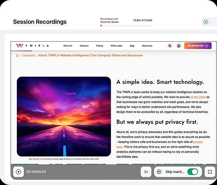 Session recordings - analyze real visitor browsing sessions - TWIPLA Website Intelligence