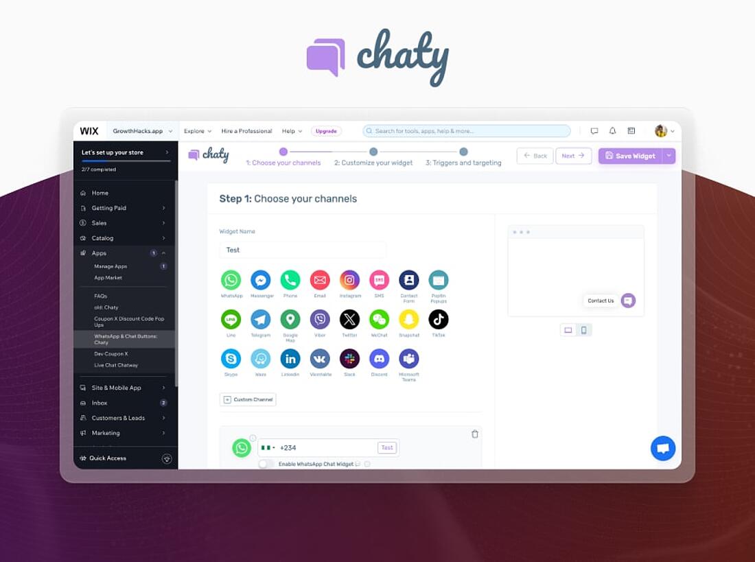 Screenshot Wix plugins Chaty interface