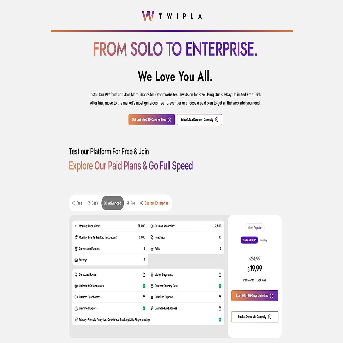 A screenshot of the TWIPLA pricing page