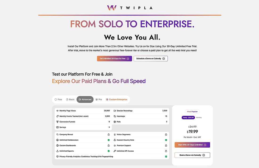 A screenshot of the TWIPLA pricing page