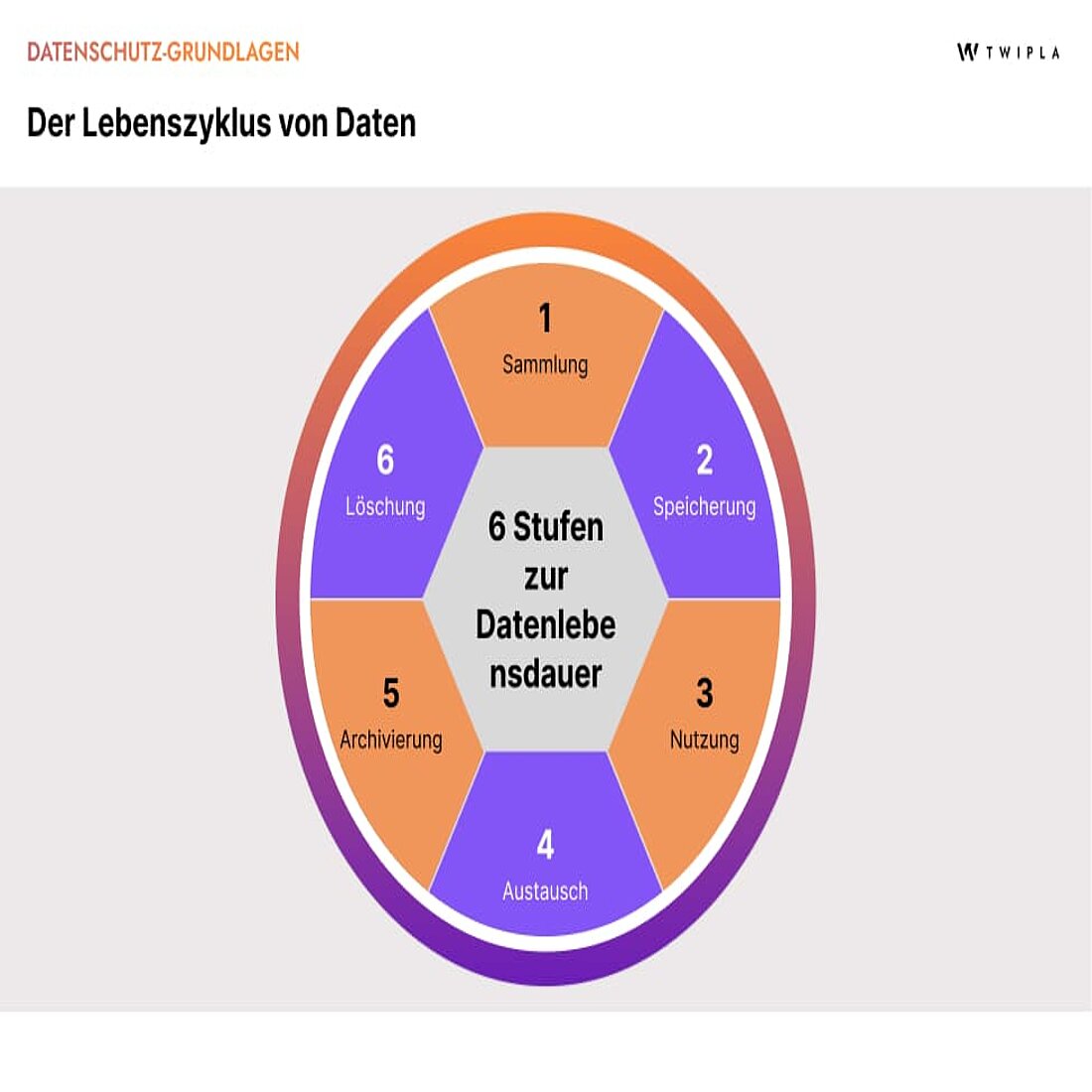 Visualisierung des gesamten Datenlebenszyklus Eine Infografik, die die sechs Phasen des Datenlebenszyklus zeigt