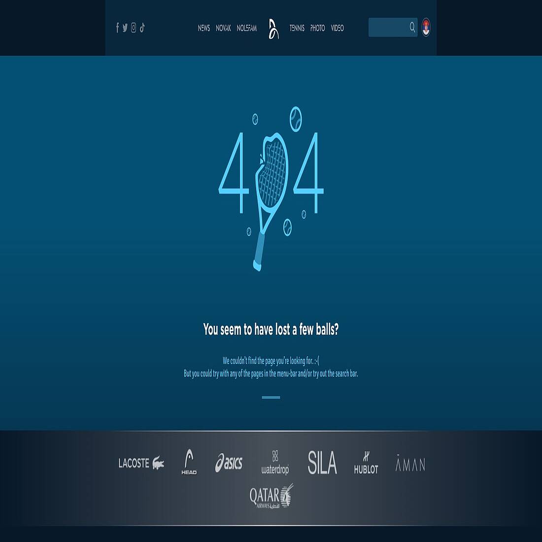 Screenshot Novak Djokovic's creative 4xx error page design