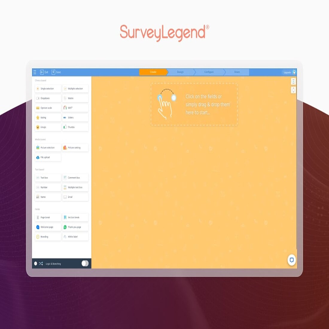 SurveyLegend delivers visually appealing, interactive surveys with real-time analytics for enhanced user engagement SurveyLegend drag-and-drop survey creation interface
