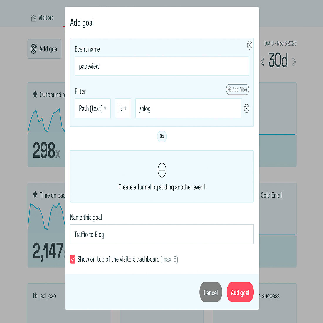 Simple Analytics Manual Goal Setup Simple Analytics goal creation popup showing manual event setup with basic filters, highlighting limited tracking options and the absence of a visual funnel builder.