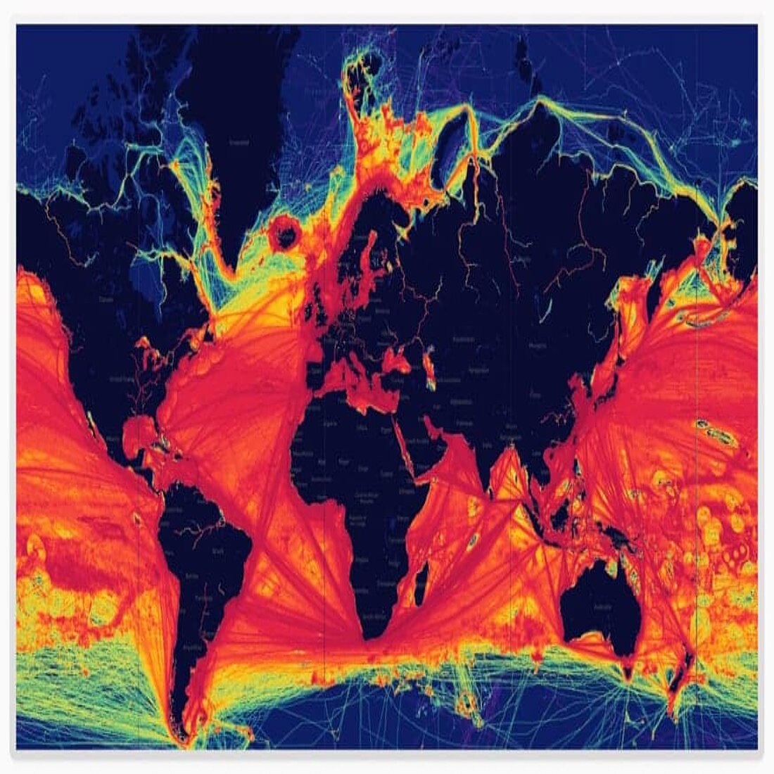 Visualizing global shipping routes as a heatmap helps identify high-traffic trade pathways, optimize logistics, and assess environmental or infrastructural impacts Shipping routes heatmap example