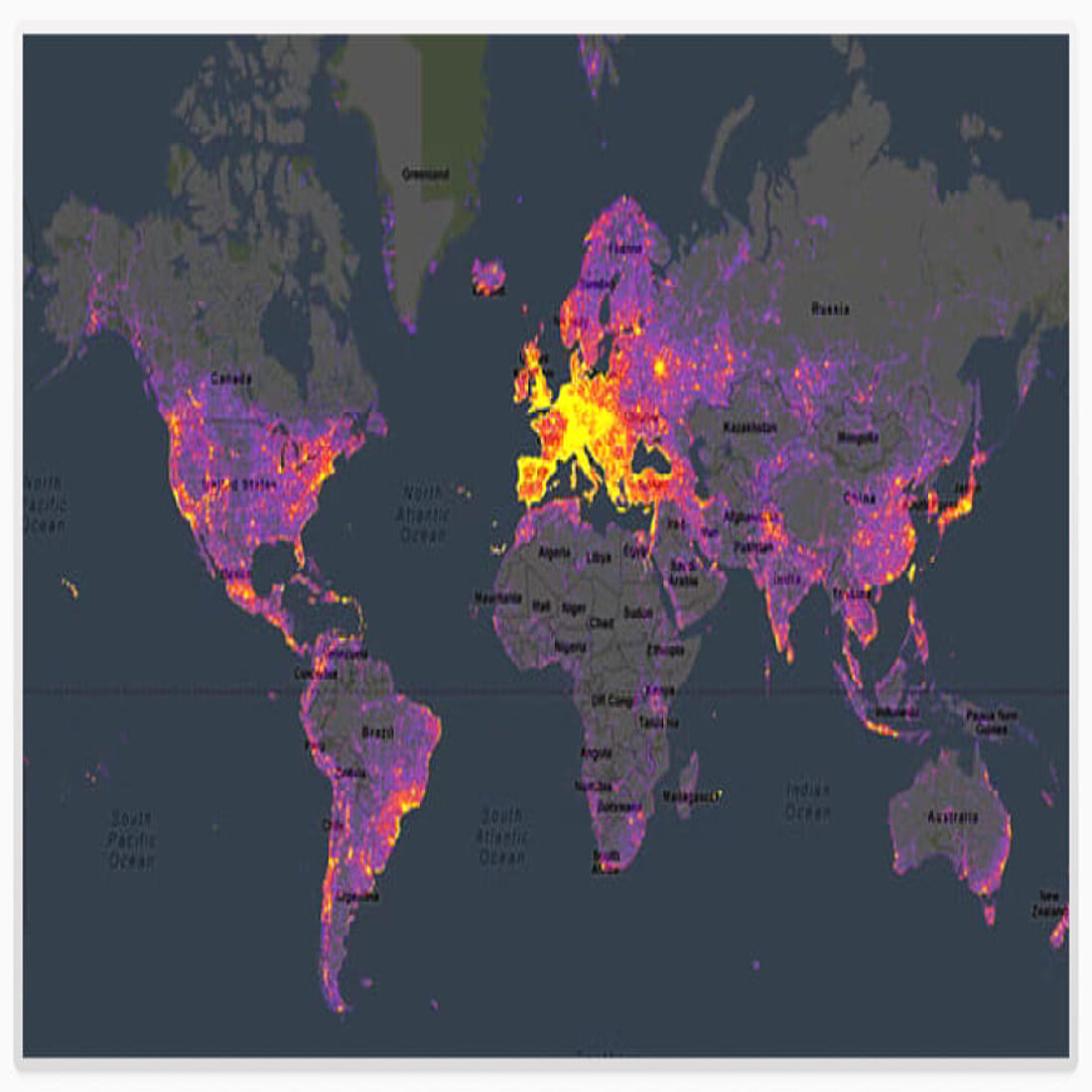 Displaying data as a heatmap of popular photo spots helps identify high-traffic areas for tourism, marketing opportunities, and infrastructure planning Popular global photo spots heatmap example