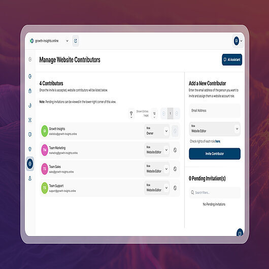 Role-Based Access Controls for Analytics Data in TWIPLA Website contributor management interface showing multiple users with defined roles and permissions, illustrating how access to analytics data is restricted to authorized personnel through role-based access controls