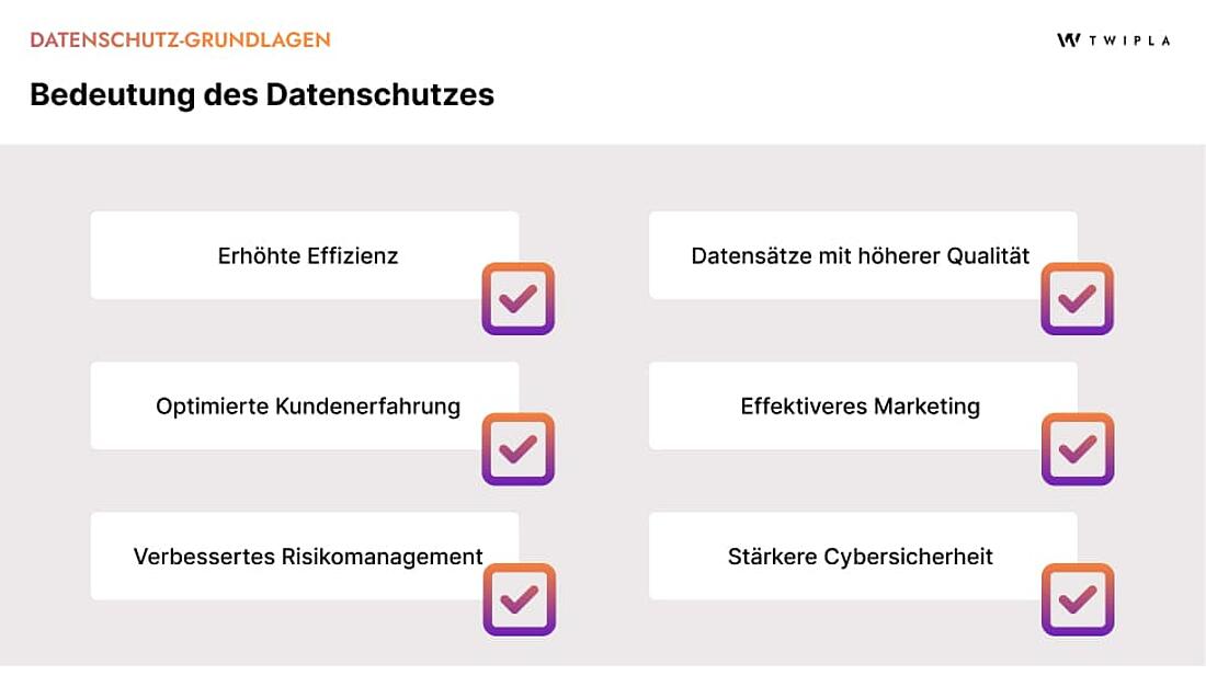 Eine Infografik, die die Vorteile von Datenschutzmaßnahmen auflistet