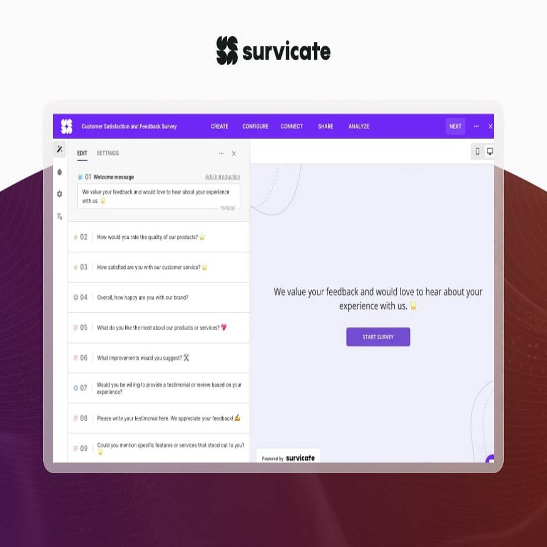 Survicate survey creation interface