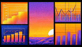 Abstract digital dashboard illustration featuring colorful charts, graphs, and a sunrise, symbolizing growth and data insights