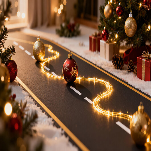 TWIPLA Product Roadmap for 2026 Festive illustration of a winding road made of glowing lights and Christmas ornaments, symbolizing the product roadmap ahead