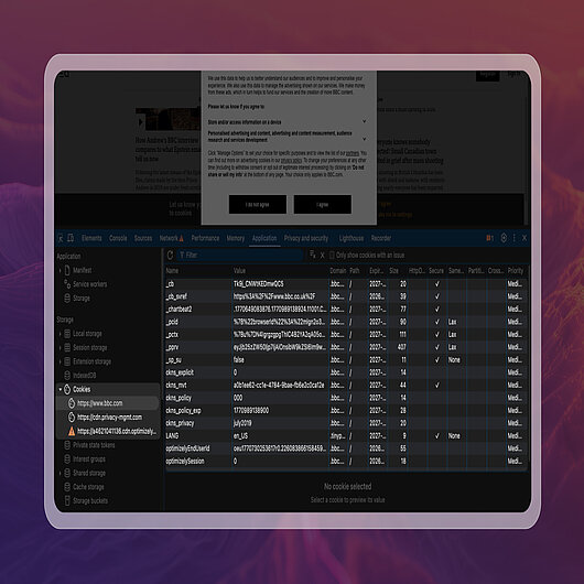Browser DevTools Showing Cookies Set Before Consent Choice Browser developer tools displaying multiple cookies stored for a website while a consent banner is visible, highlighting client side storage entries and cookie attributes