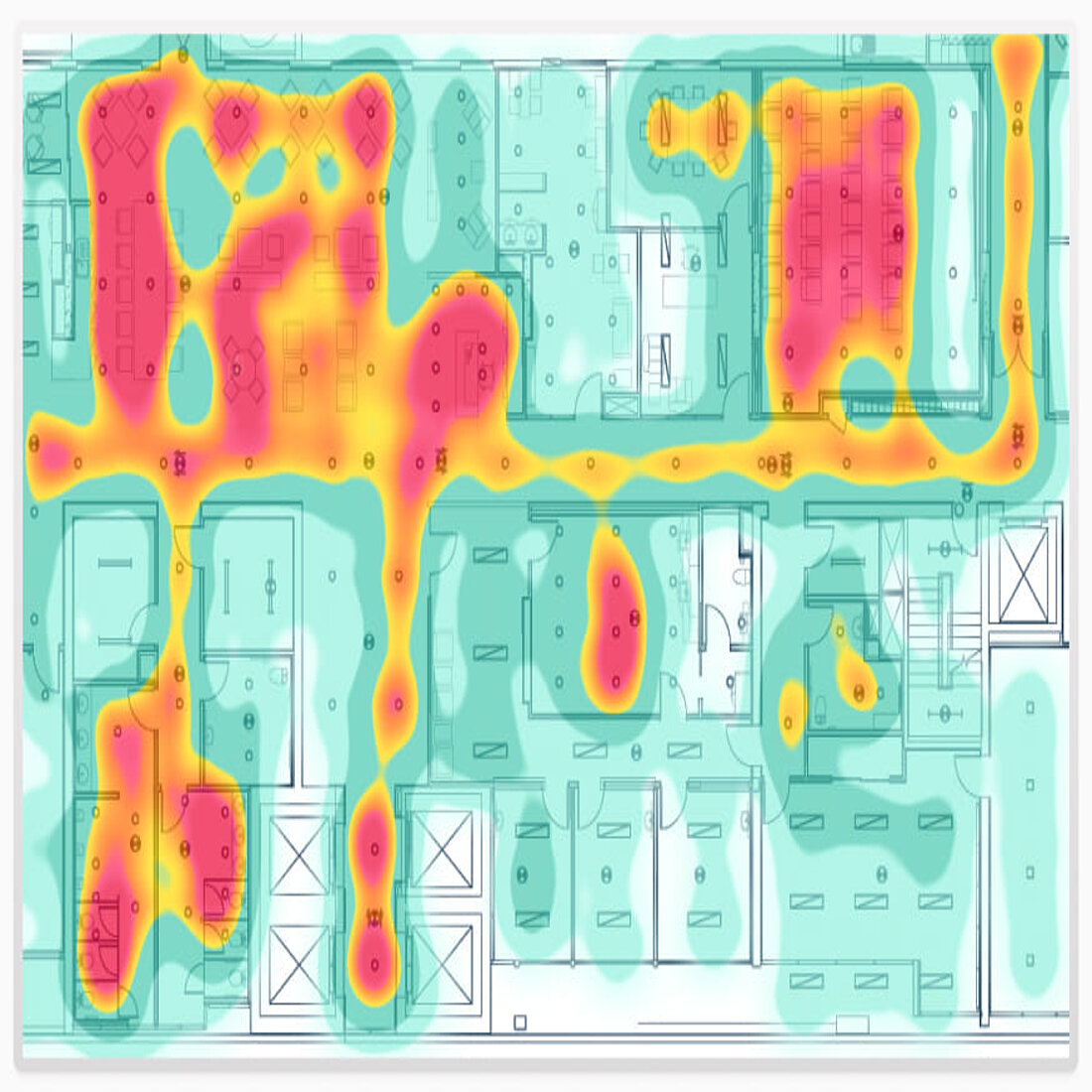 Traffic flow heatmaps are crucial for retail because they reveal customer movement patterns, helping optimize store layouts, product placement, and staffing to enhance sales and efficiency. Retail traffic flow heatmap example