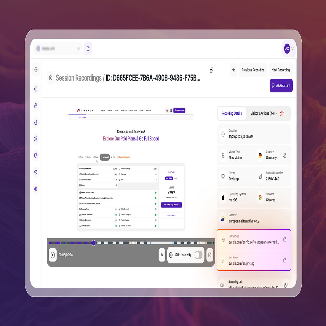 Session Entry and Exit Pages Now Visible in the Recordings Playback View Session recording playback screen showing entry and exit page details displayed in the recording sidebar