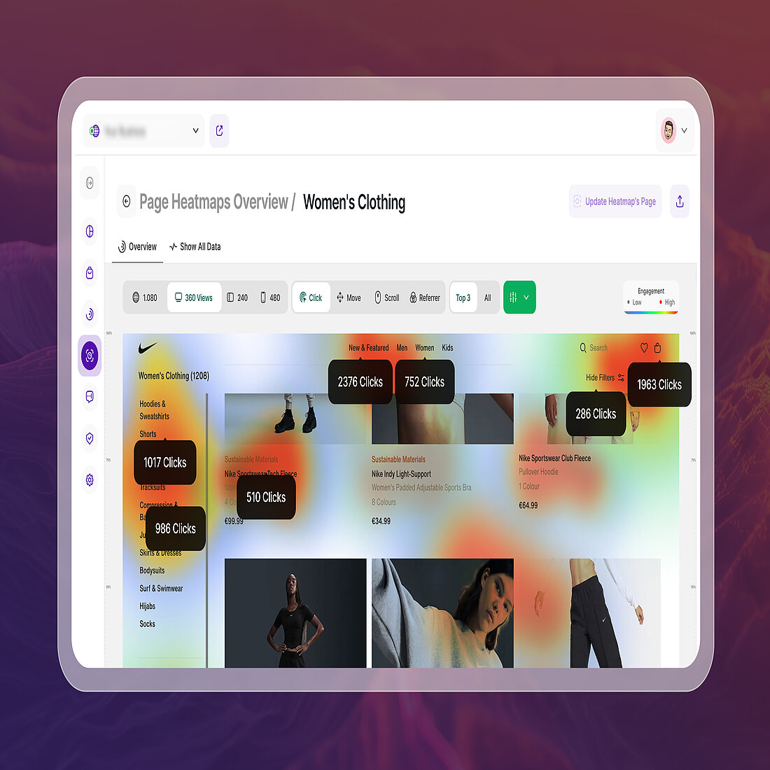 TWIPLA Heatmaps Highlight Visitor Click Patterns on Product Pages TWIPLA page heatmap showing click activity across a women’s clothing category page.