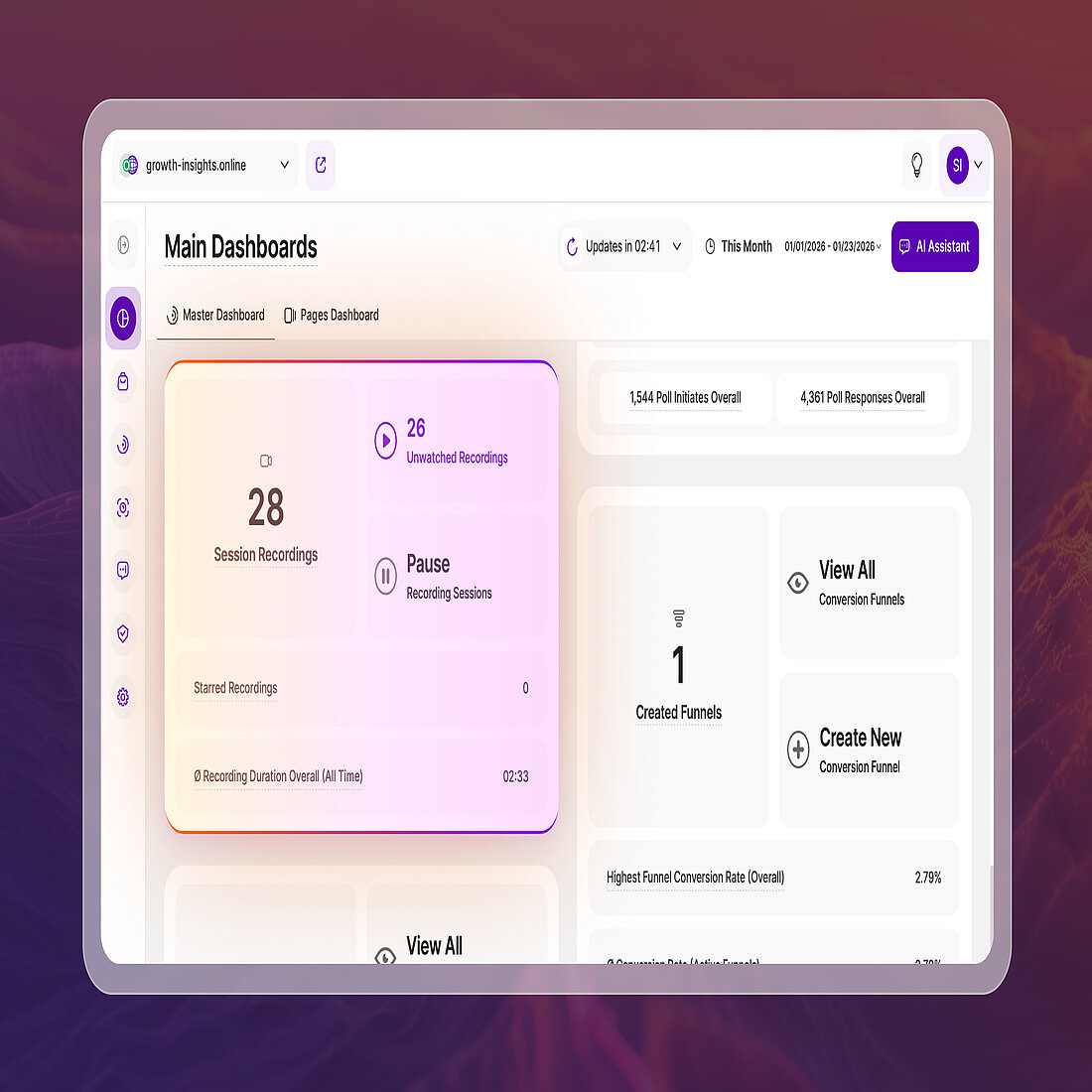 Consistent Visitor Behavior Summaries Across the Master Dashboard Master Dashboard view showing the Session Recordings overview block and the Conversion Funnels overview block with updated design and time-range alignment