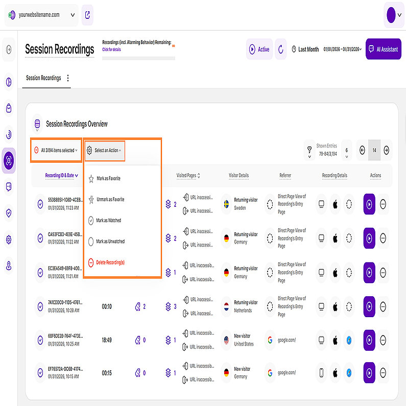 Wählen Sie eine Massenaktion für Session Recordings Wählen Sie eine Massenaktion für Session Recordings