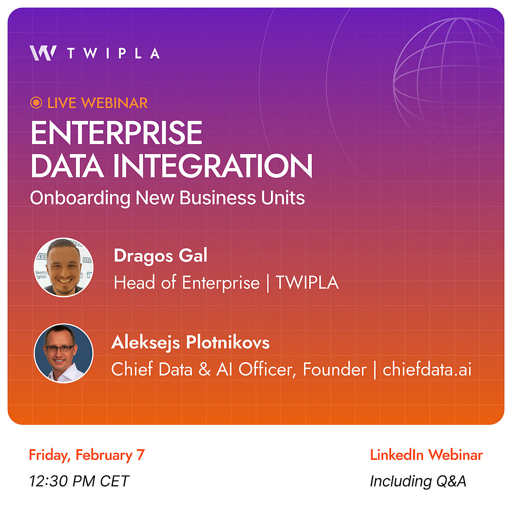 Enterprise Data Integration Webinar – TWIPLA Aleksejs Plotnikovs webinar announcement graphic