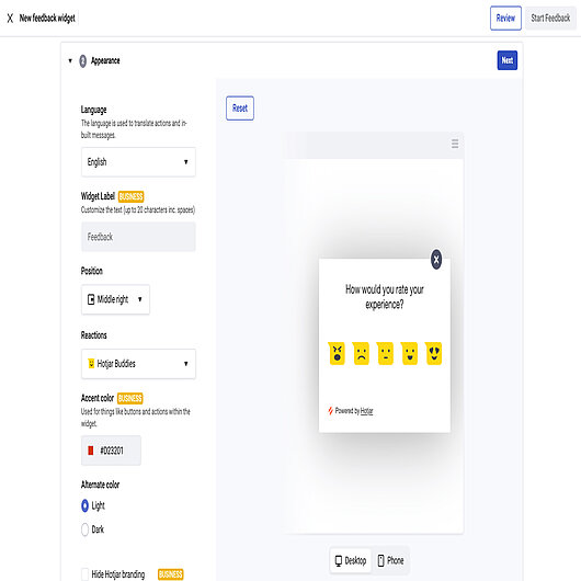 Hotjar Feedback Widget Screenshot of Hotjar’s feedback widget setup page showing customization options and a rating popup with emoji faces