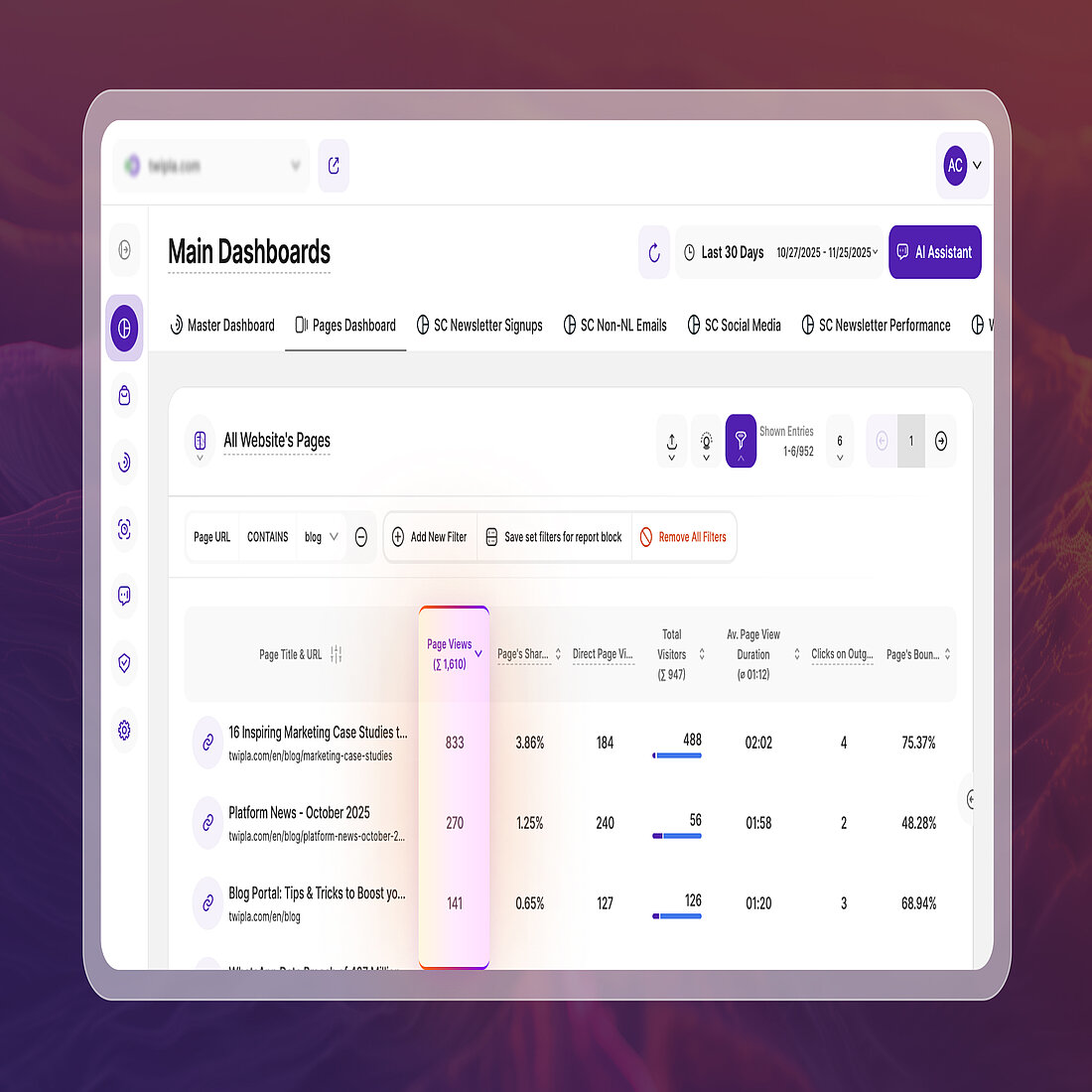 Clearer Indicators for Default Table Sorting Main Dashboard table showing the active sorted column highlighted with purple text and a sort symbol