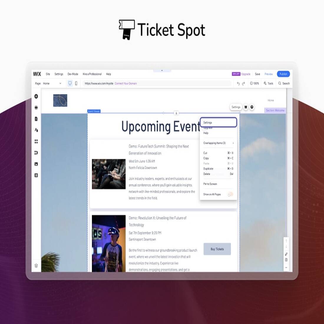 Screenshot Wix-Plugins Ticket Spot Schnittstelle