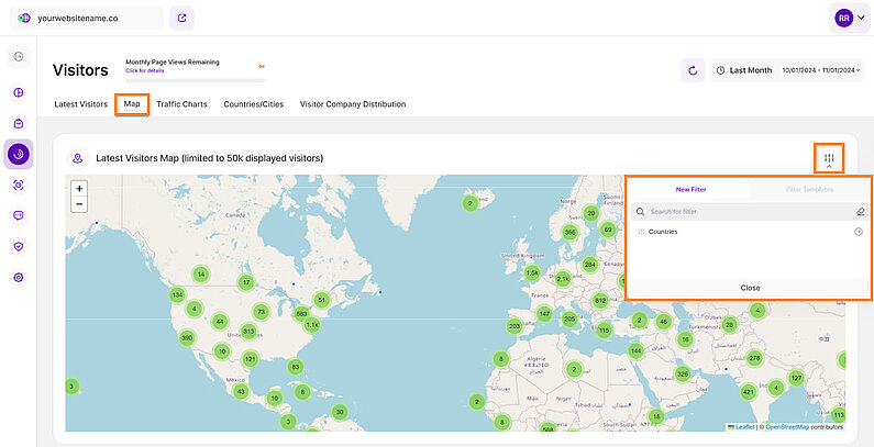 Die Karte der letzten Besucher nach Land filtern Die Karte der letzten Besucher nach Land filtern